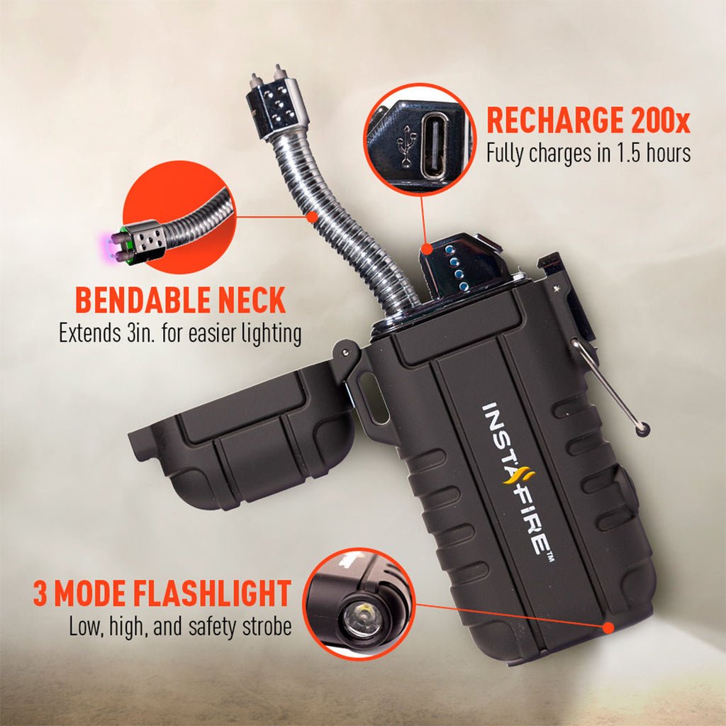 infographic of plasma lighter by instafire displaying most important features