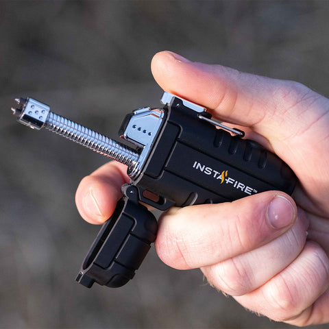 Image of opened pocket plasma lighter with extended neck