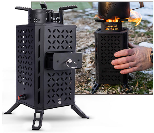 InstaFire Inferno Pro Stove folded and in use outdoors — adjustable airflow control for variable heat