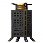 InstaFire Inferno Pro Stove lit with flame — Vortex Technology heats 425°F to 1,200°F with up to 80% less smoke