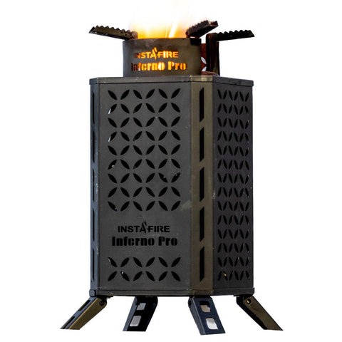 The tall, black Inferno Pro stove with fire coming out from the top.