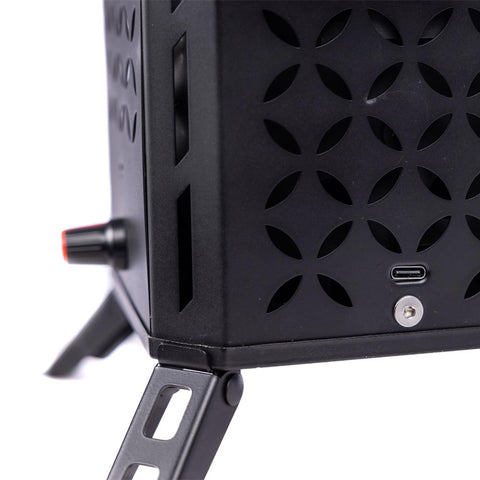Image of The back of the Inferno Pro stove, with a USB attachment for additional power.