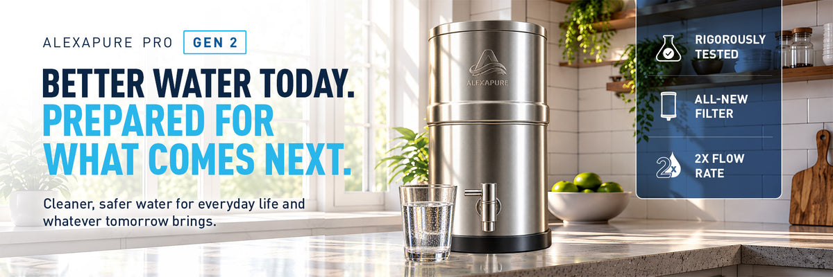 Alexapure Pro Gen 2 Better Water Today. Prepared for what comes next. Water filter and glass of water on a counter top.