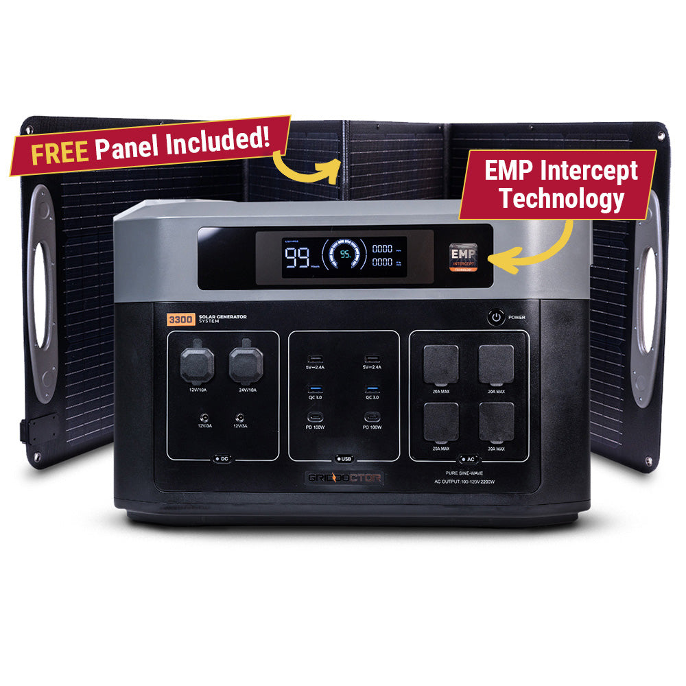 Grid Doctor 3300 Solar Generator System with EMP Intercept Technology and a free waterproof 200W solar panel