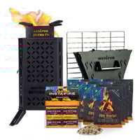 Thumbnail for The Inferno Pro stove next to the Chimney Grill grate, plus matches and Fire Starter pouches. All on a white background.