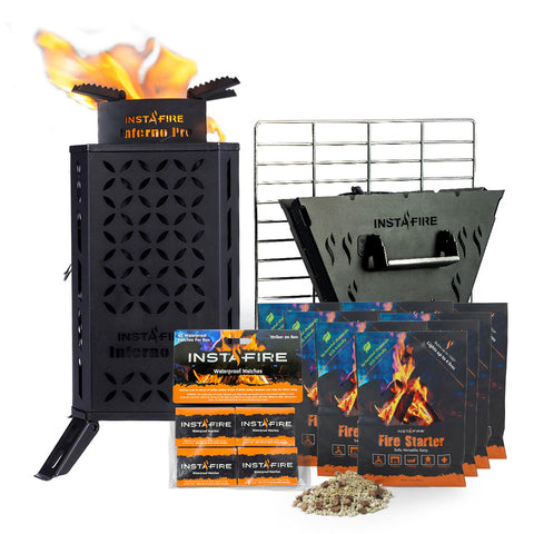 Image of The Inferno Pro stove next to the Chimney Grill grate, plus matches and Fire Starter pouches. All on a white background.