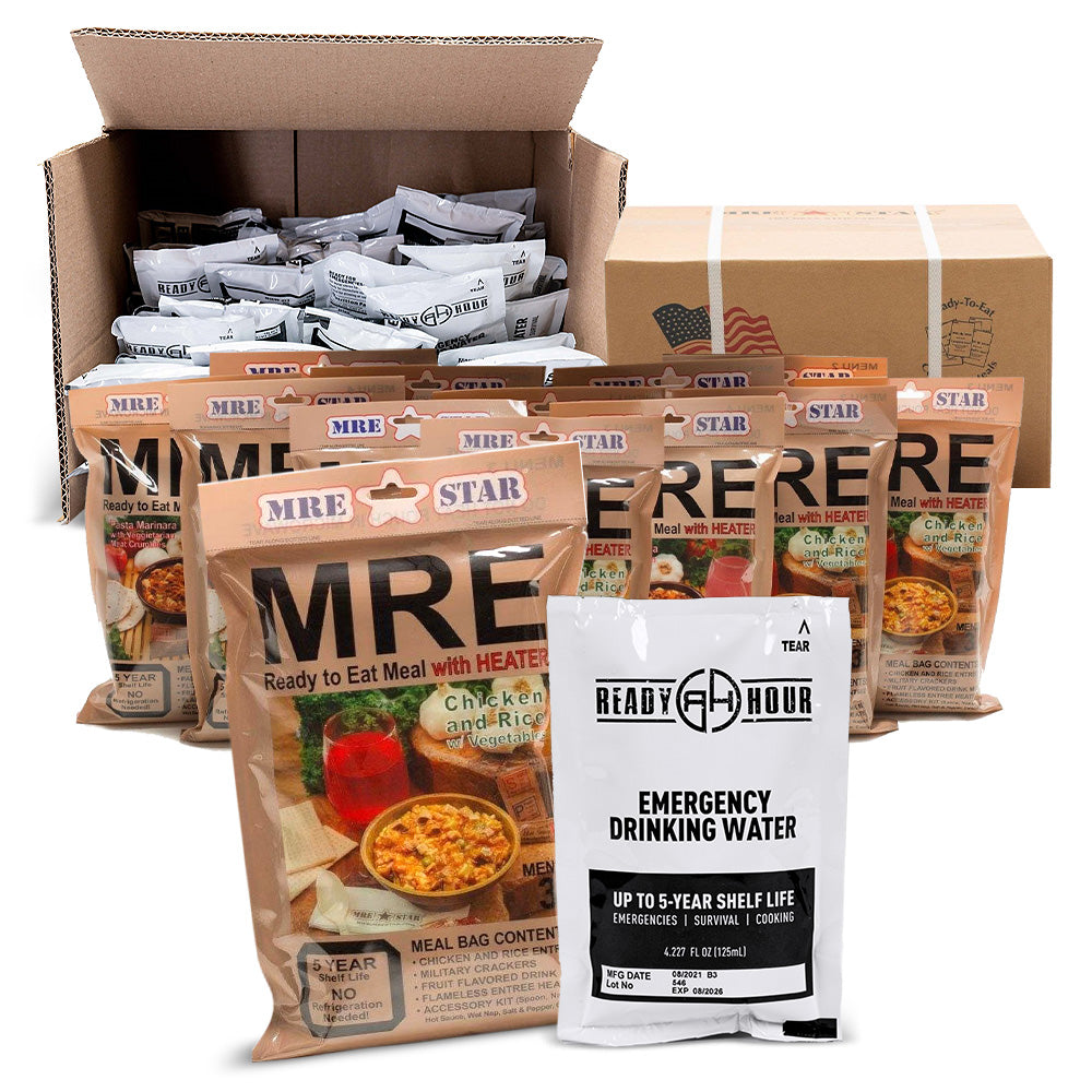 Bug-Out Bundle: MRE (12 Meals) & Water (64 Pouches) Cases | My Patriot Supply