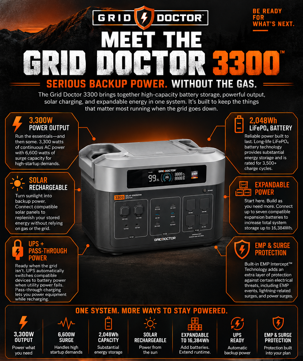 Grid Doctor 3300 solar generator infographic highlighting 3,300W output, 2,048Wh battery capacity, solar recharging, expandable storage, UPS backup, and EMP surge protection.