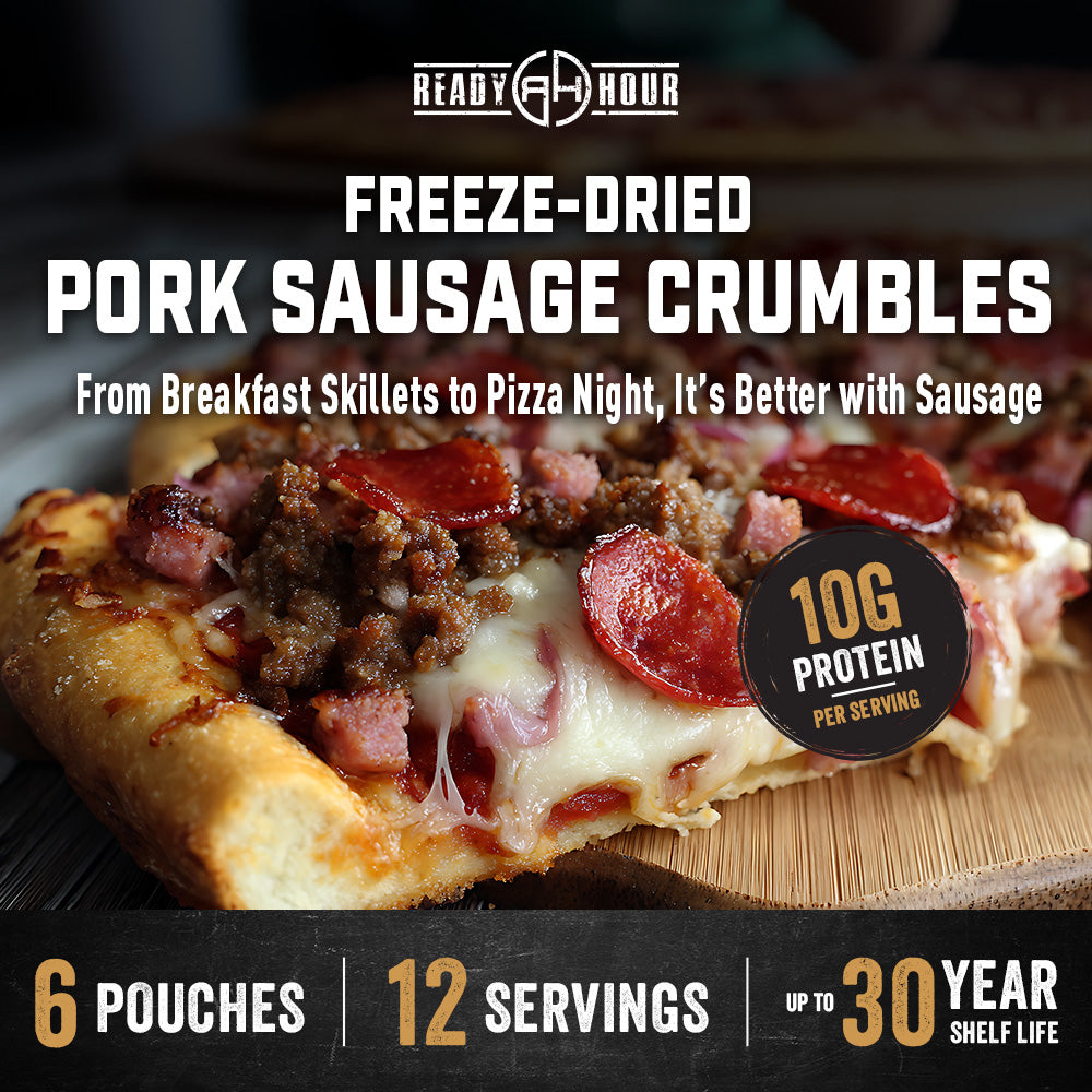 Pizza with freeze-dried pork sausage crumbles on top