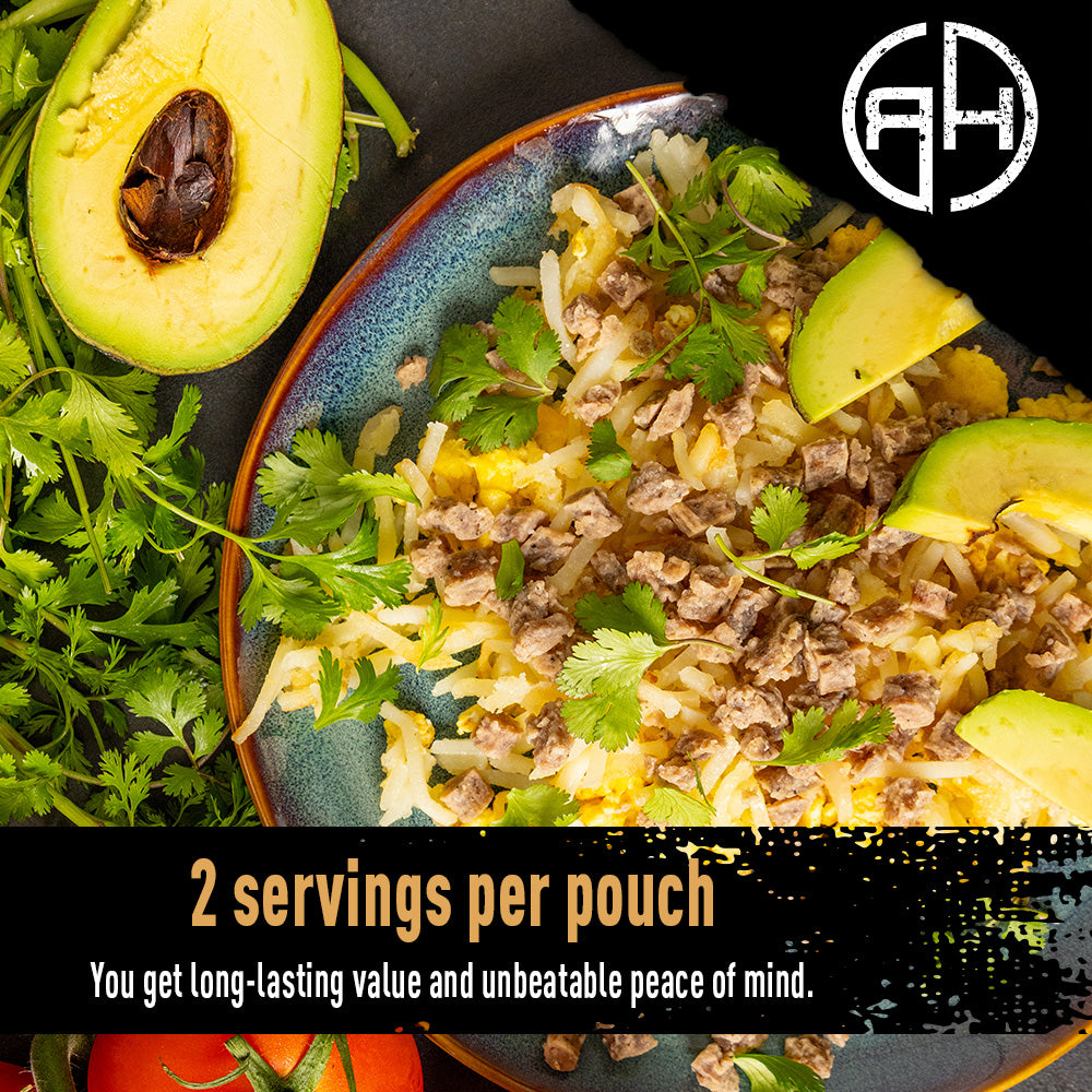 Plate of hash browns, avocado, and pork crumbles