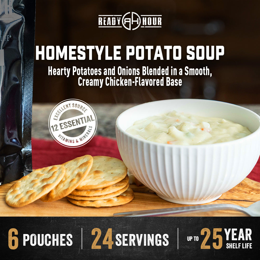 Ready Hour homestyle potato soup with a bowl of soup and crackers