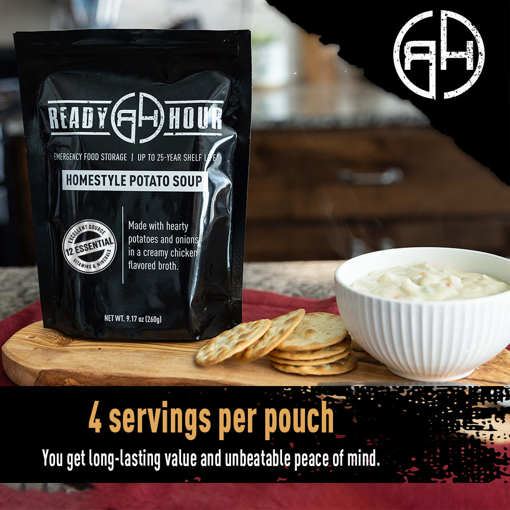 Black 'Ready Hour' homestyle potato soup package with a bowl of soup and crackers