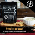 Black 'Ready Hour' homestyle potato soup package with a bowl of soup and crackers