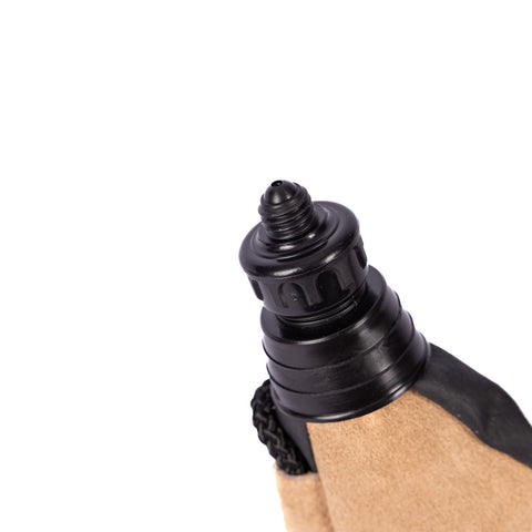 Image of Black drinking tip of a tan leather canteen pouch.