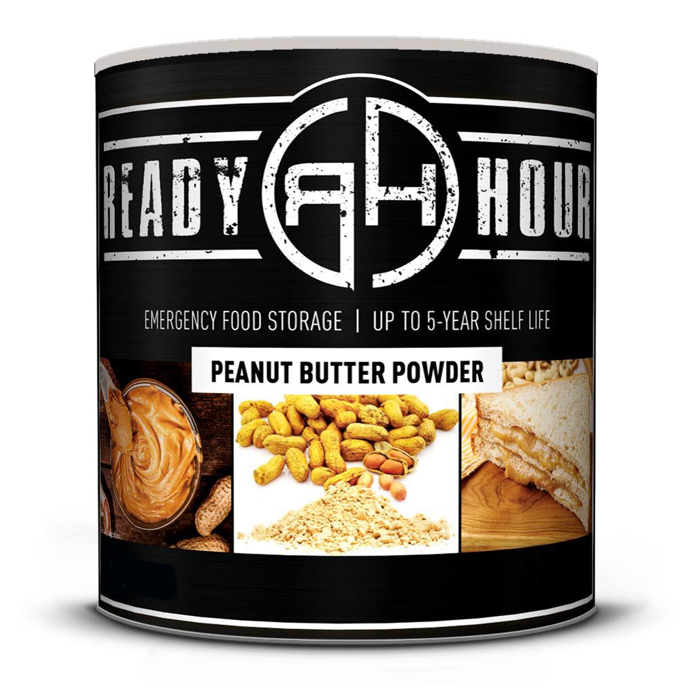 Canister of Ready Hour peanut butter powder