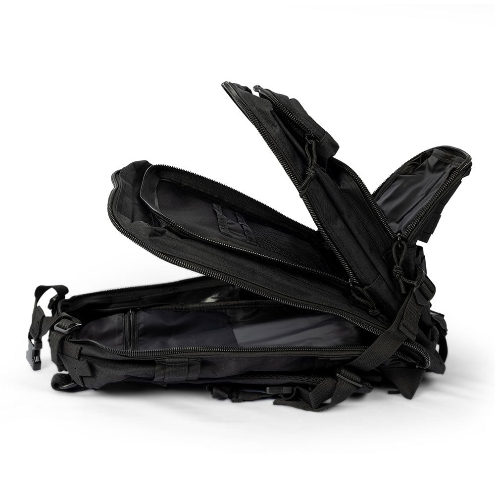 Compact and lightweight emergency backpack for bug-out and survival situations folded out to demostrate the inner pockets and sections