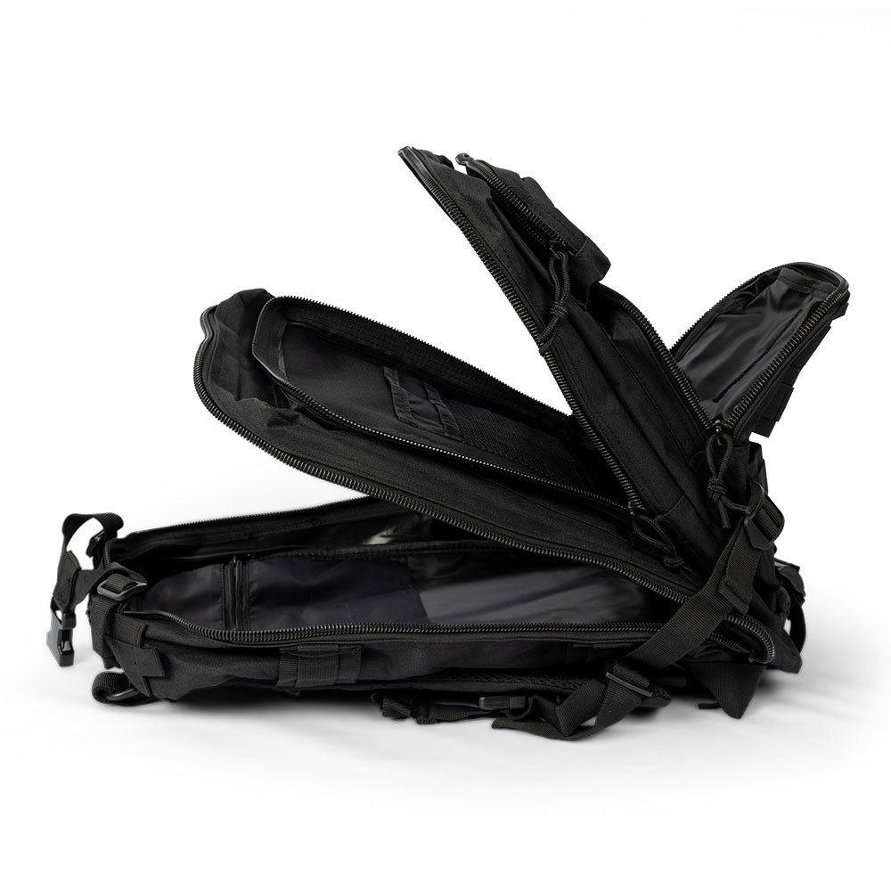 Compact and lightweight emergency backpack for bug-out and survival situations folded out to demostrate the inner pockets and sections
