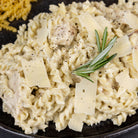 Instant Rotini Pasta prepared with parmesan alfredo. 