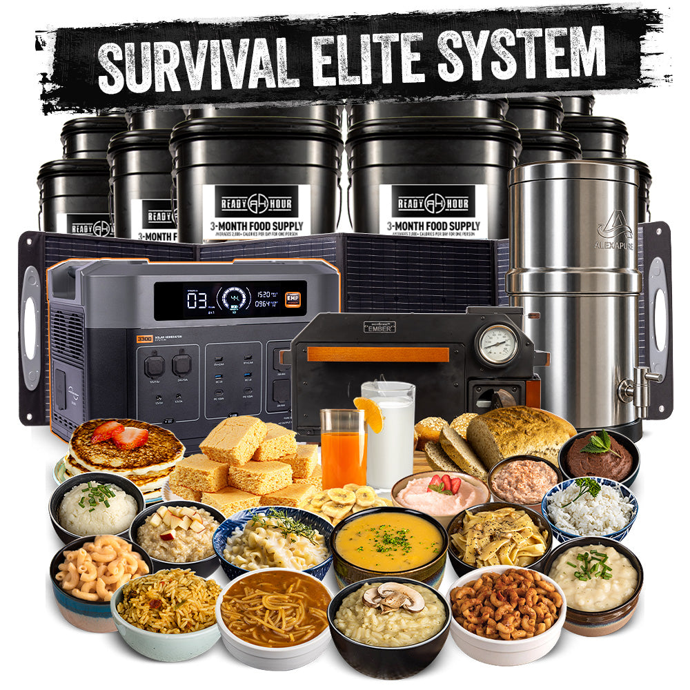 My Patriot Supply Survival Elite System bundle — 1-Year Emergency Food Supply, Alexapure Pro water filtration, Grid Doctor 3300 solar generator, and Ember Oven biomass cooking, complete emergency preparedness system