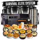 My Patriot Supply Survival Elite System bundle — 1-Year Emergency Food Supply, Alexapure Pro water filtration, Grid Doctor 3300 solar generator, and Ember Oven biomass cooking, complete emergency preparedness system