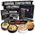 Survival starter pack with food, cooking equipment, and emergency supplies
