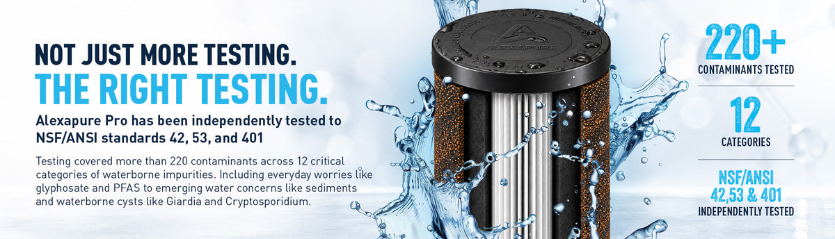 Alexapure Filter Not just more testing. The right Testing. With contaminants listed filtered out and a cross section of the replacement filter