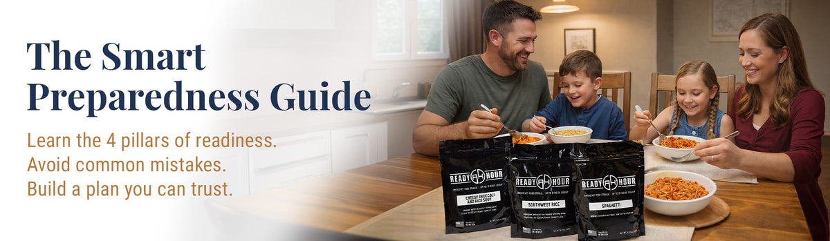 Family at a dining table with 'The Smart Preparedness Guide' heading
