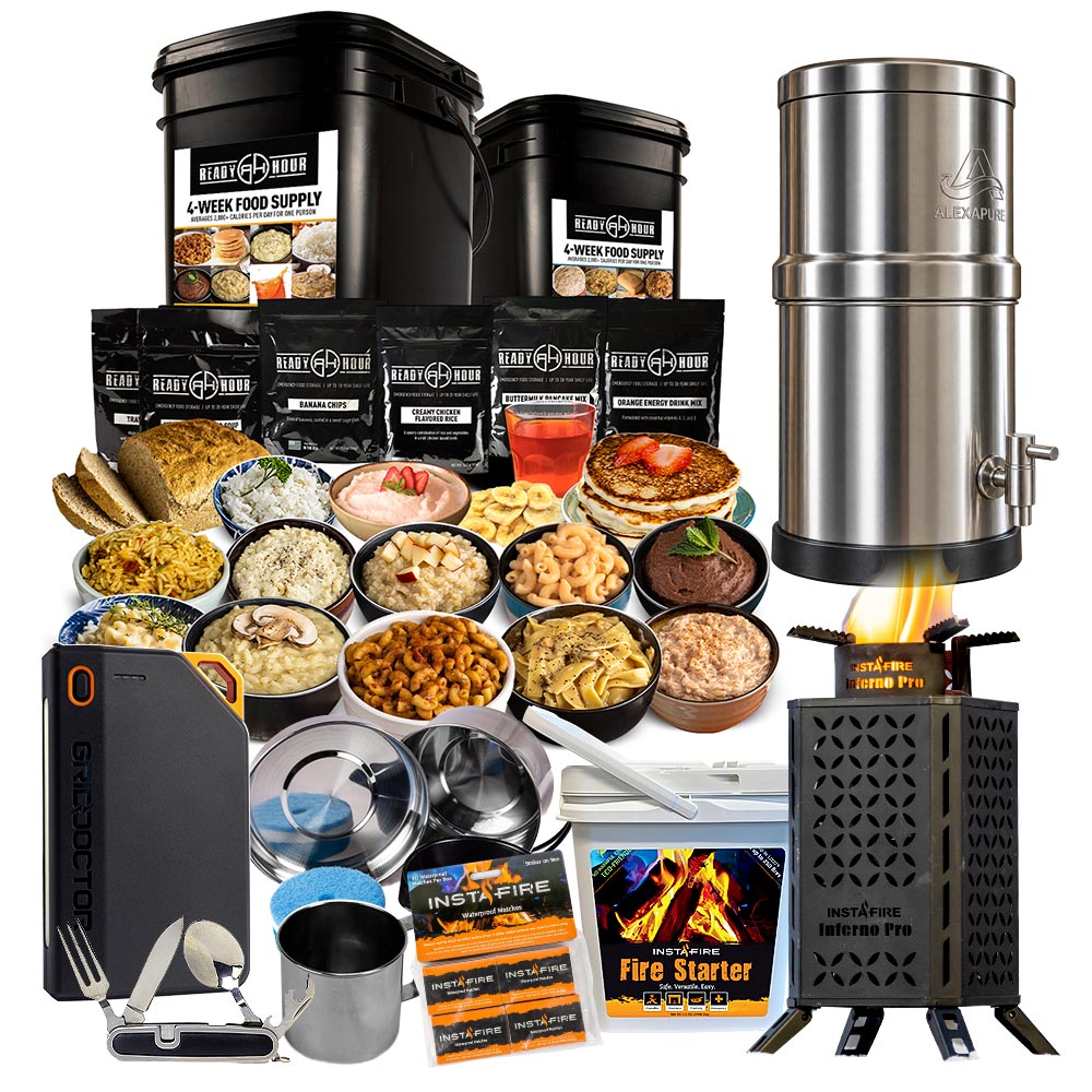 My Patriot Supply Ultimate Solar Power & Cooking Emergency Food Kit (9 items) — 4-week food supply, Alexapure Pro water filter, Inferno Pro stove, 65W power bank, mess kit, cutlery tool, drinking cup, fire starter, and waterproof matches
