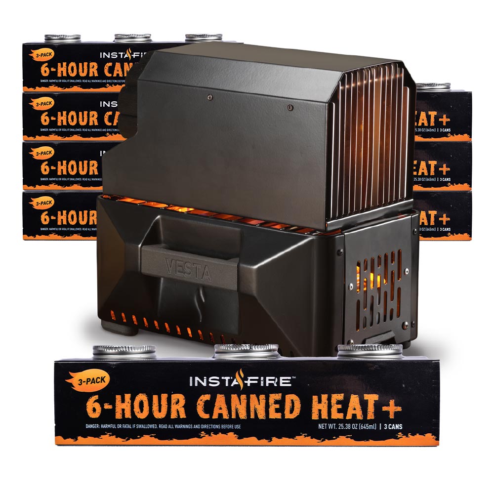 VESTA Self-Powered Indoor Space Heater & Stove PLUS Canned Heat & Cooking Fuel by InstaFire (Eight 3-packs, total 24 cans) - Special Offer