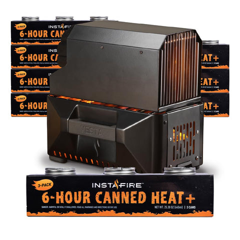 Image of VESTA Self-Powered Indoor Space Heater & Stove PLUS Canned Heat & Cooking Fuel by InstaFire (Eight 3-packs, total 24 cans) - Special Offer