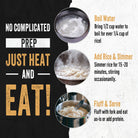 Instructions for preparing rice with images of boiling water, adding rice, and fluffing with a fork