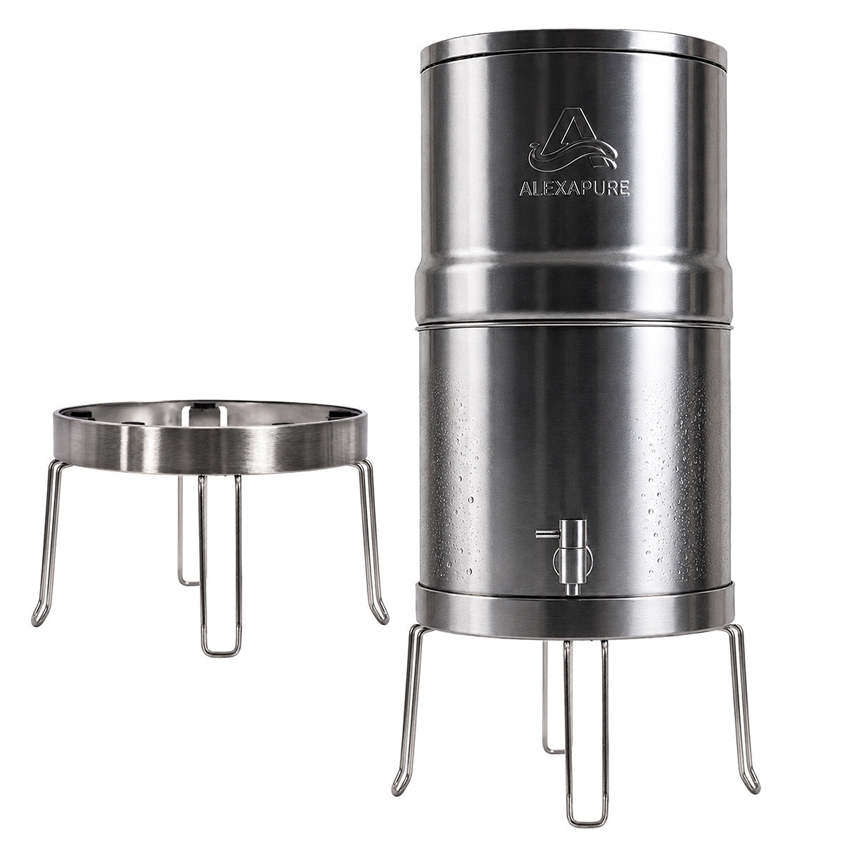 Alexapure Pro System + Stand Kit — stainless steel gravity water filter system shown assembled on its folding stand, plus the stand alone