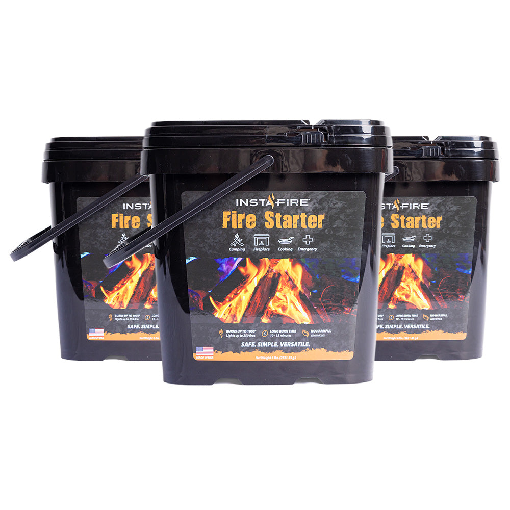 Tree black InstaFire Fire Starter & Fuel buckets displayed side by side against a white background.