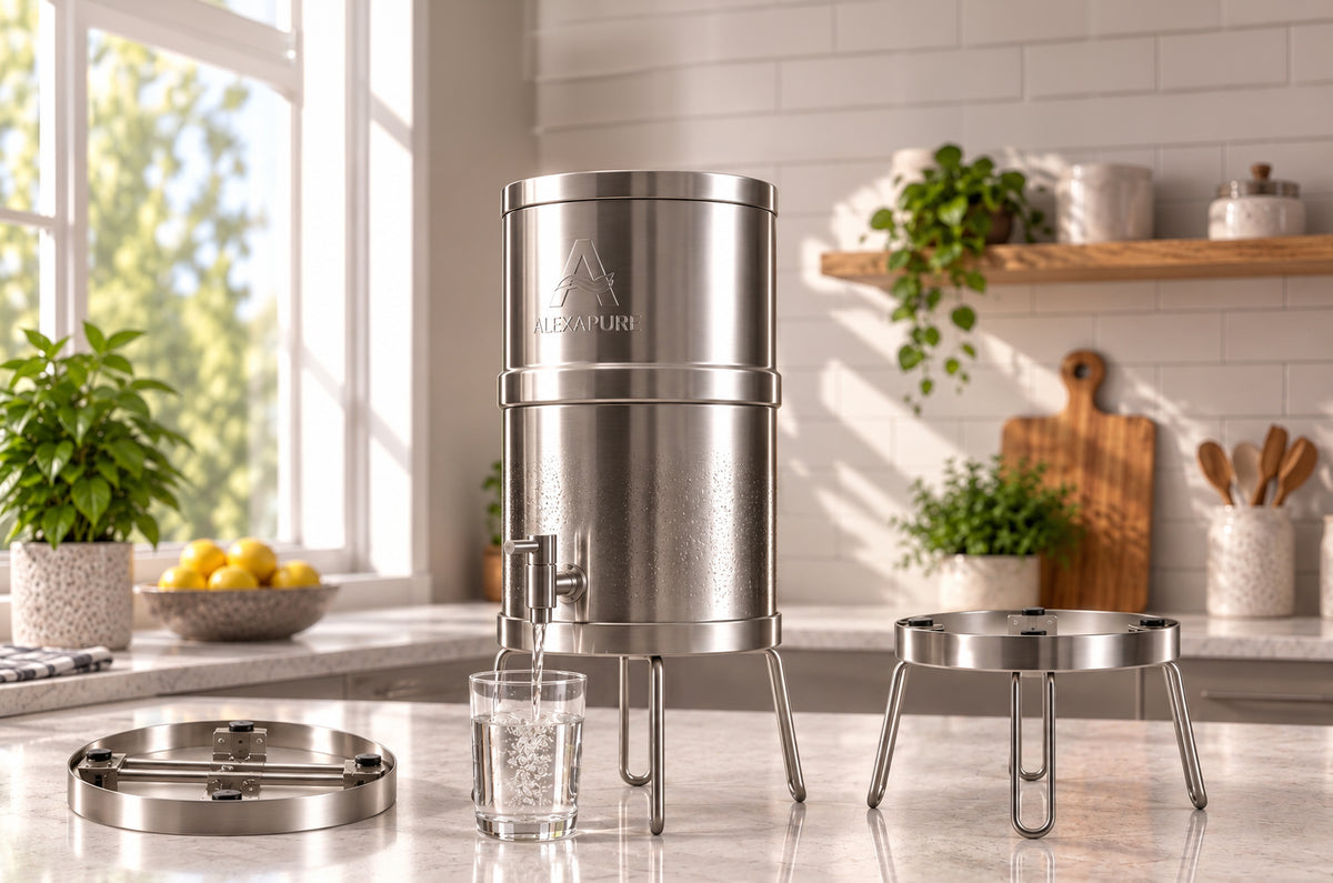 A stainless steel water dispenser with a spout and legs stands on a kitchen counter