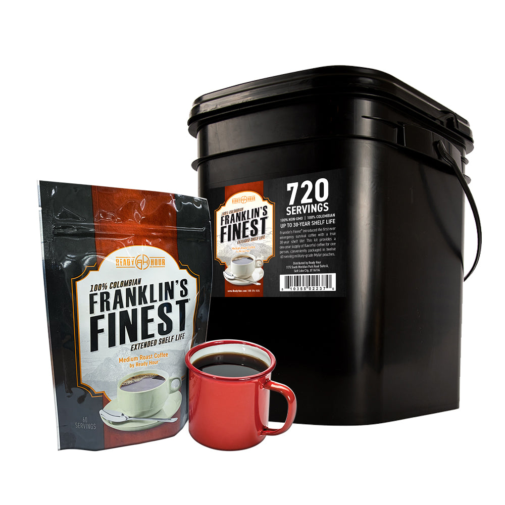 Franklin's Finest Survival Coffee (720 servings, 1 bucket) with Aluminum Coffee Pot - Insider's Offer