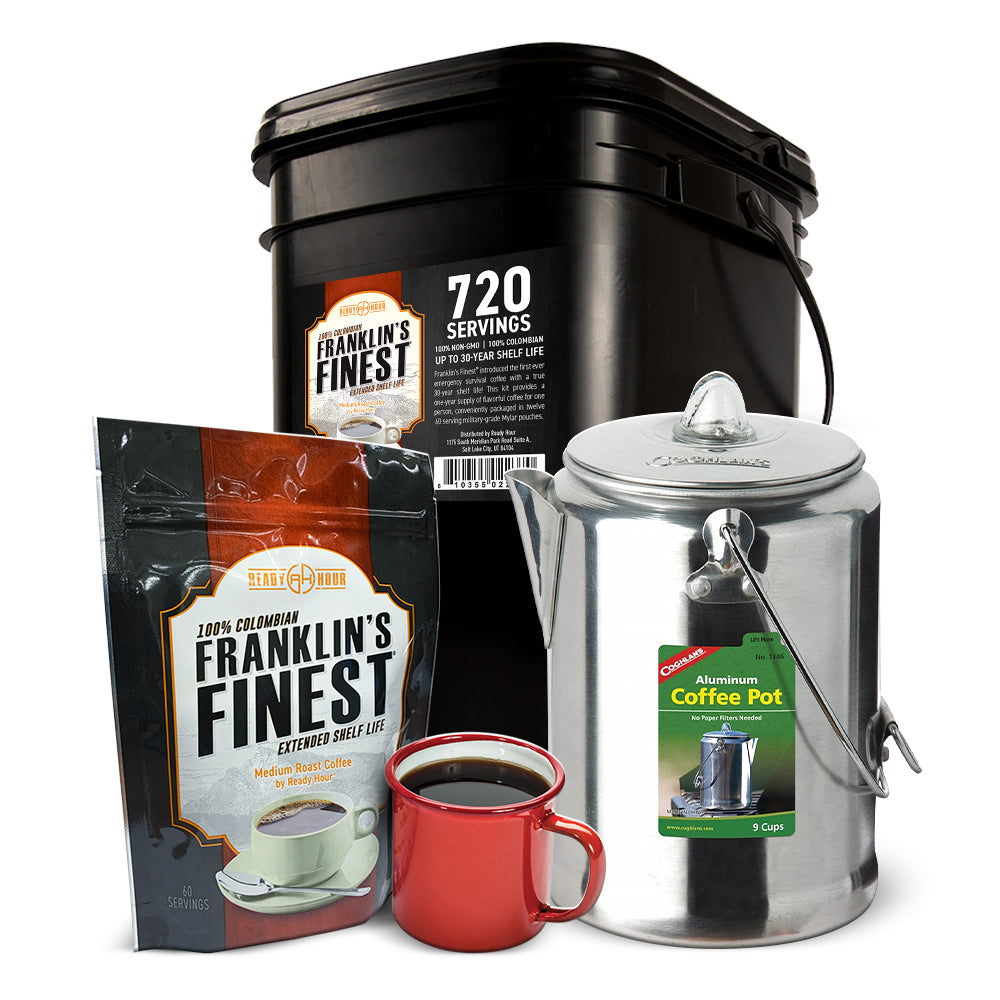 Franklin's Finest Survival Coffee (720 servings, 1 bucket) with Aluminum Coffee Pot - Insider's Offer