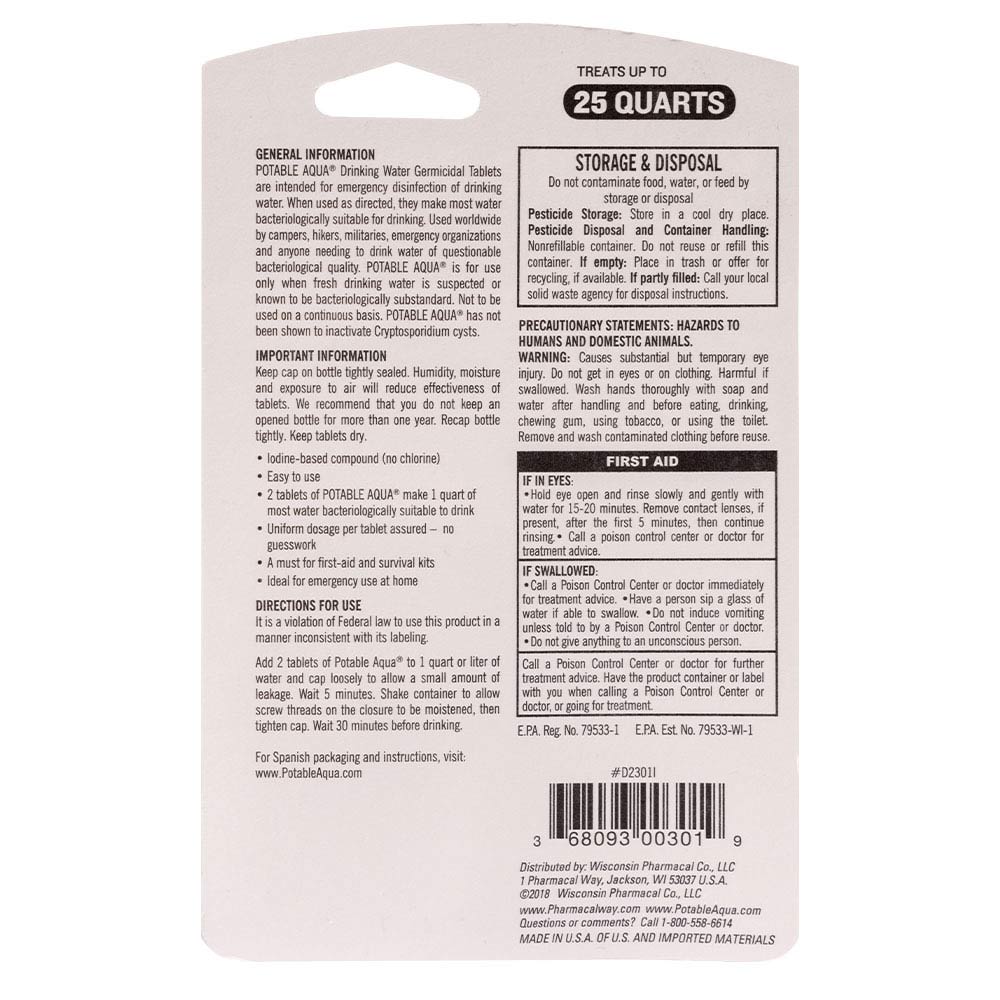 Drinking Water Treatment Tablets by Potable Aqua (50 germicidal tablets)