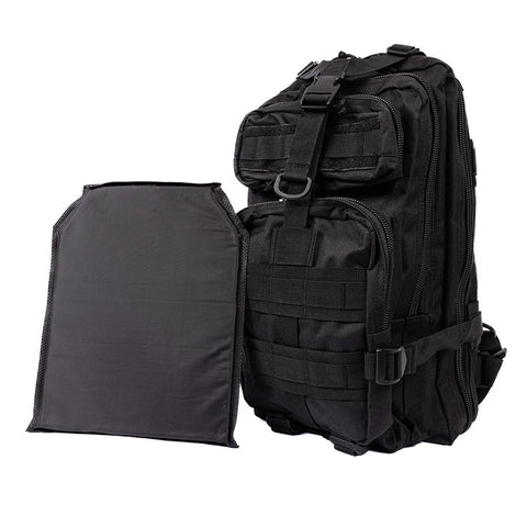 Image of side-by-side of ready hour tactical backpack and included ballistic panel