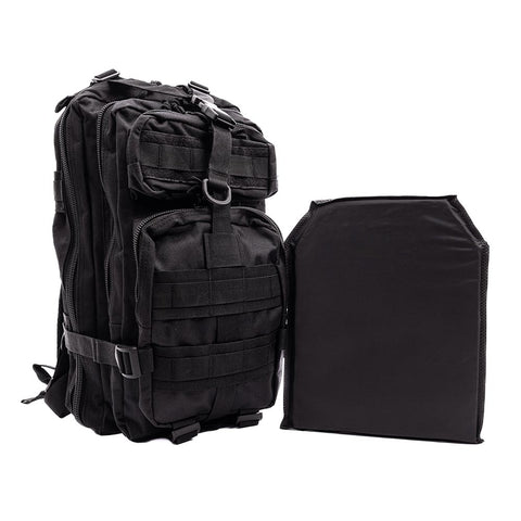 Image of side-by-side of ready hour tactical backpack and included ballistic panel