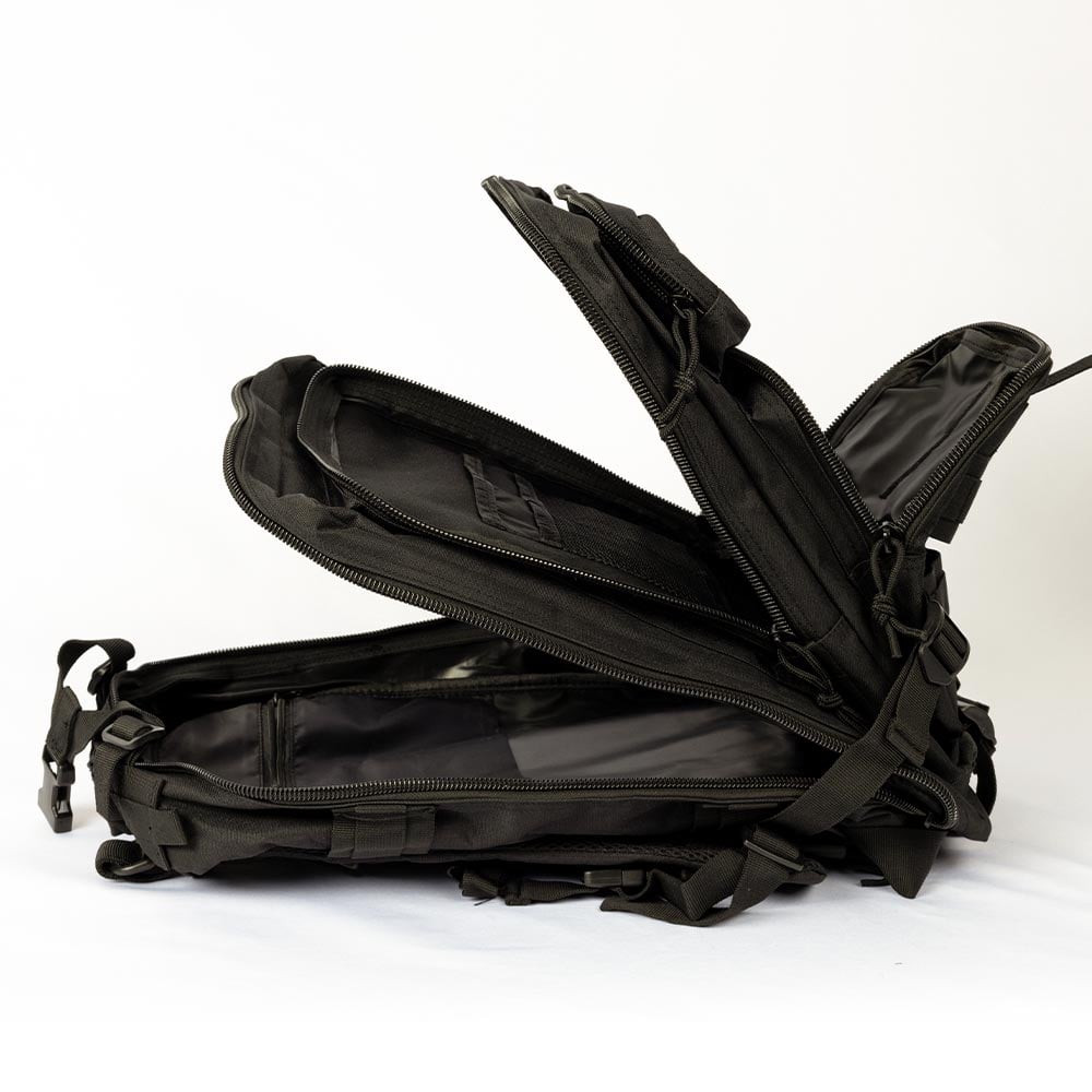 fully opened ready hour tactical backpack with all pockets displayed