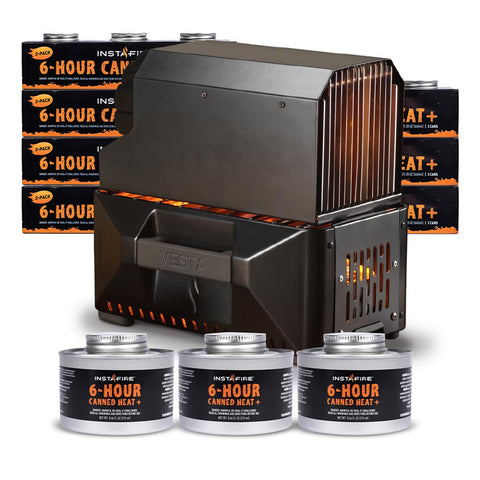Image of VESTA Self-Powered Indoor Space Heater & Stove PLUS Canned Heat & Cooking Fuel by InstaFire (Eight 3-packs, total 24 cans)
