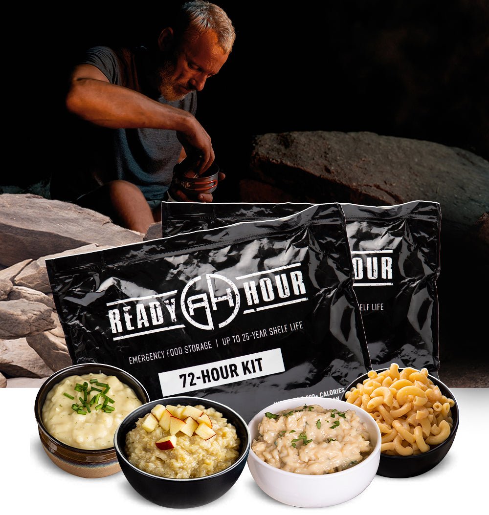 Man eating food from the 72-Hour Kit