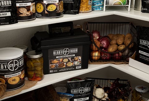 A pantry full of Ready Hour emergency food.