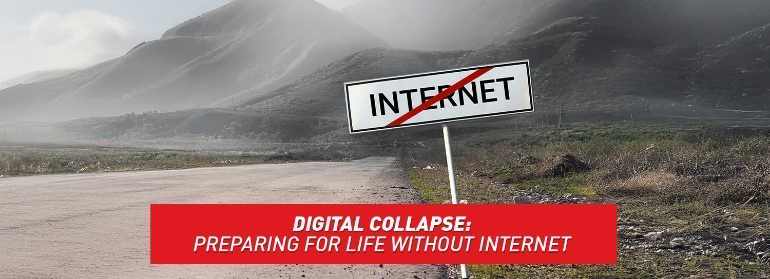 A vast, open road in the foggy mountains. A sign that says "Internet" has a red slash through it.