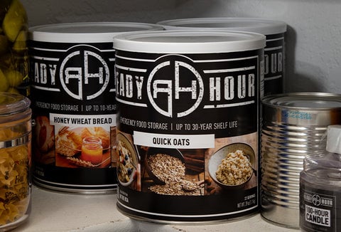 Ready Hour #10 cans on a pantry shelf.