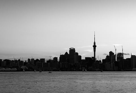 A grayscale skyline.