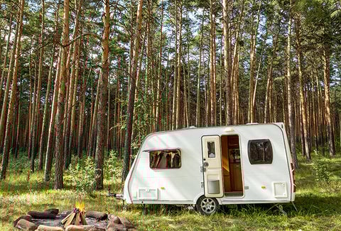 A small camper trailer out in the woods.