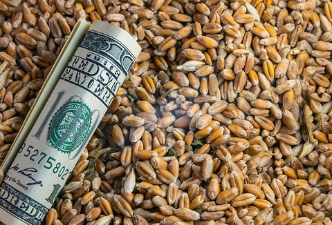 A rolled-up dollar bill sitting on a pile of grain.
