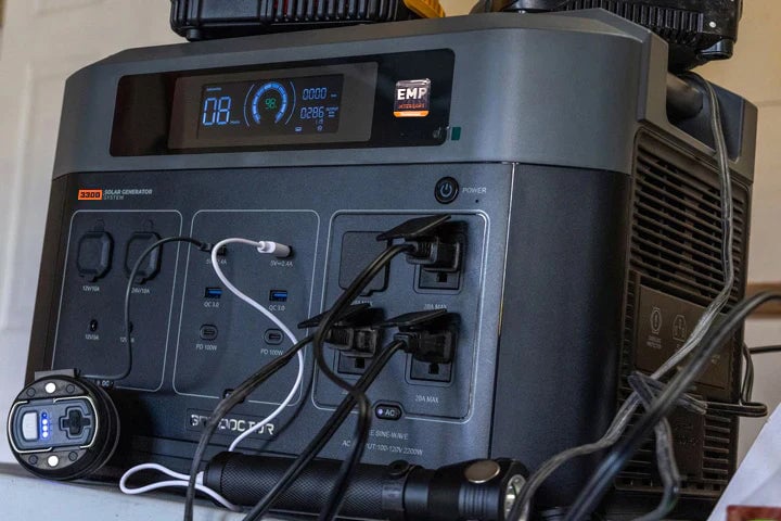 Shows the Grid Doctor system being used to charge power tools.