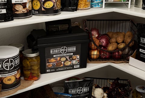 Ready Hour food stored inside a kitchen pantry.